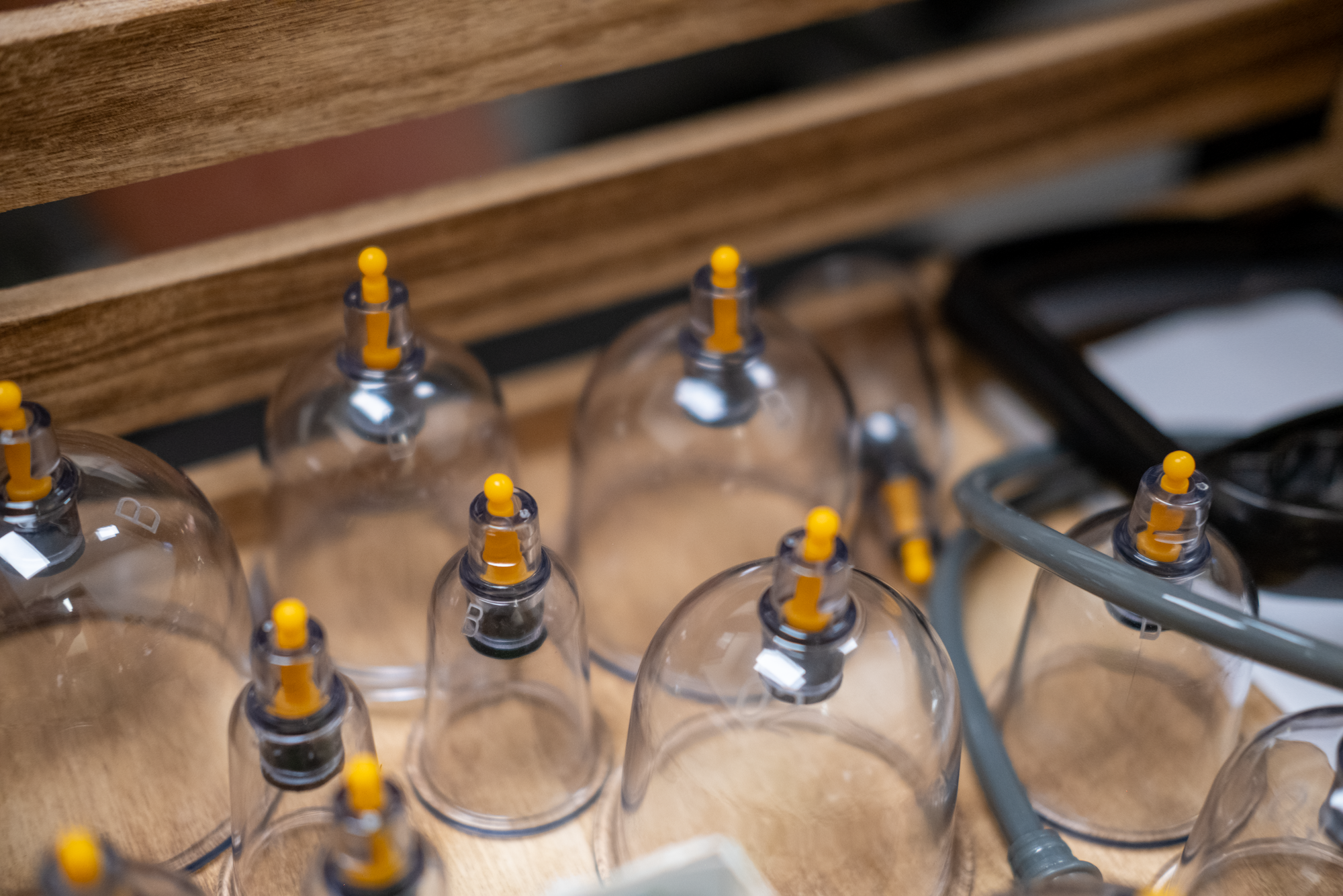 Cups for cupping lined up in drawer